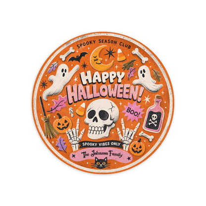 Personalized Happy Halloween Skull Ghost Spooky Season Club Round Rug Custom Family Name Home Decor Floor Mat