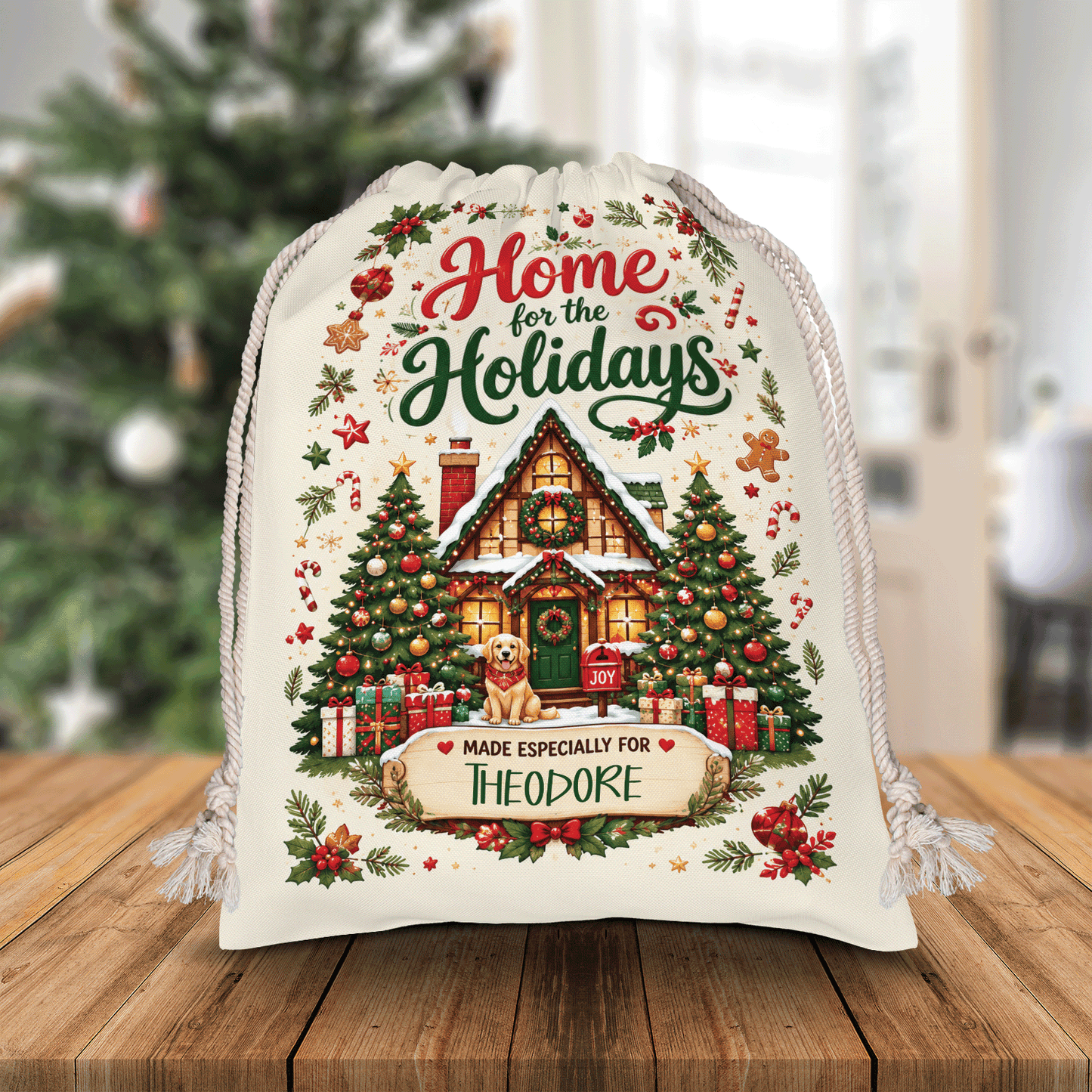Personalized Home for the Holidays Christmas Sack, Custom Name Santa Gift Bag