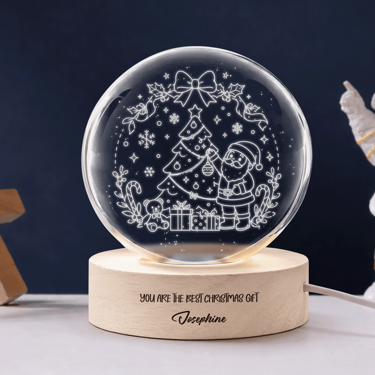 Custom Santa Tree 3D Laser Engraved Crystal Ball with LED Wooden Standee, Personalized Name Holiday Night Light Keepsake