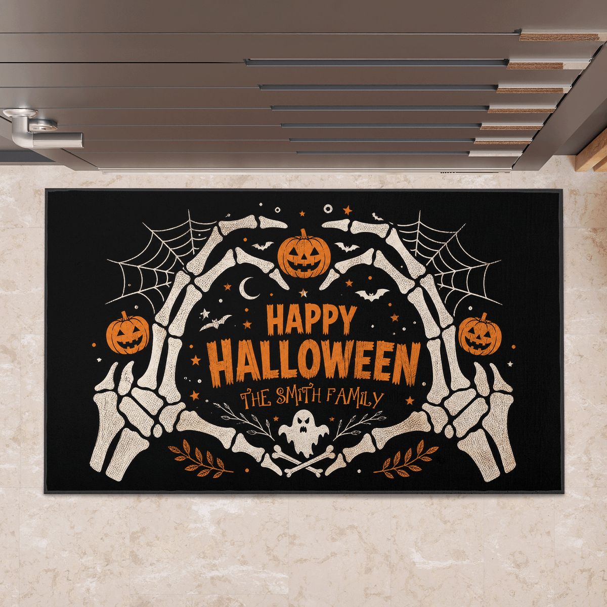 Personalized Happy Halloween Skeleton Heart Hands Doormat Custom Family Name Entrance Floor Mat