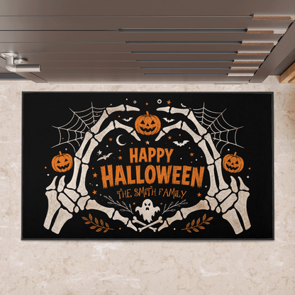 Personalized Happy Halloween Skeleton Heart Hands Doormat Custom Family Name Entrance Floor Mat