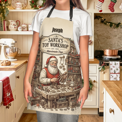 Personalized Santa's Toy Workshop Apron, Custom Name Vintage Christmas Kitchen Cooking Apron