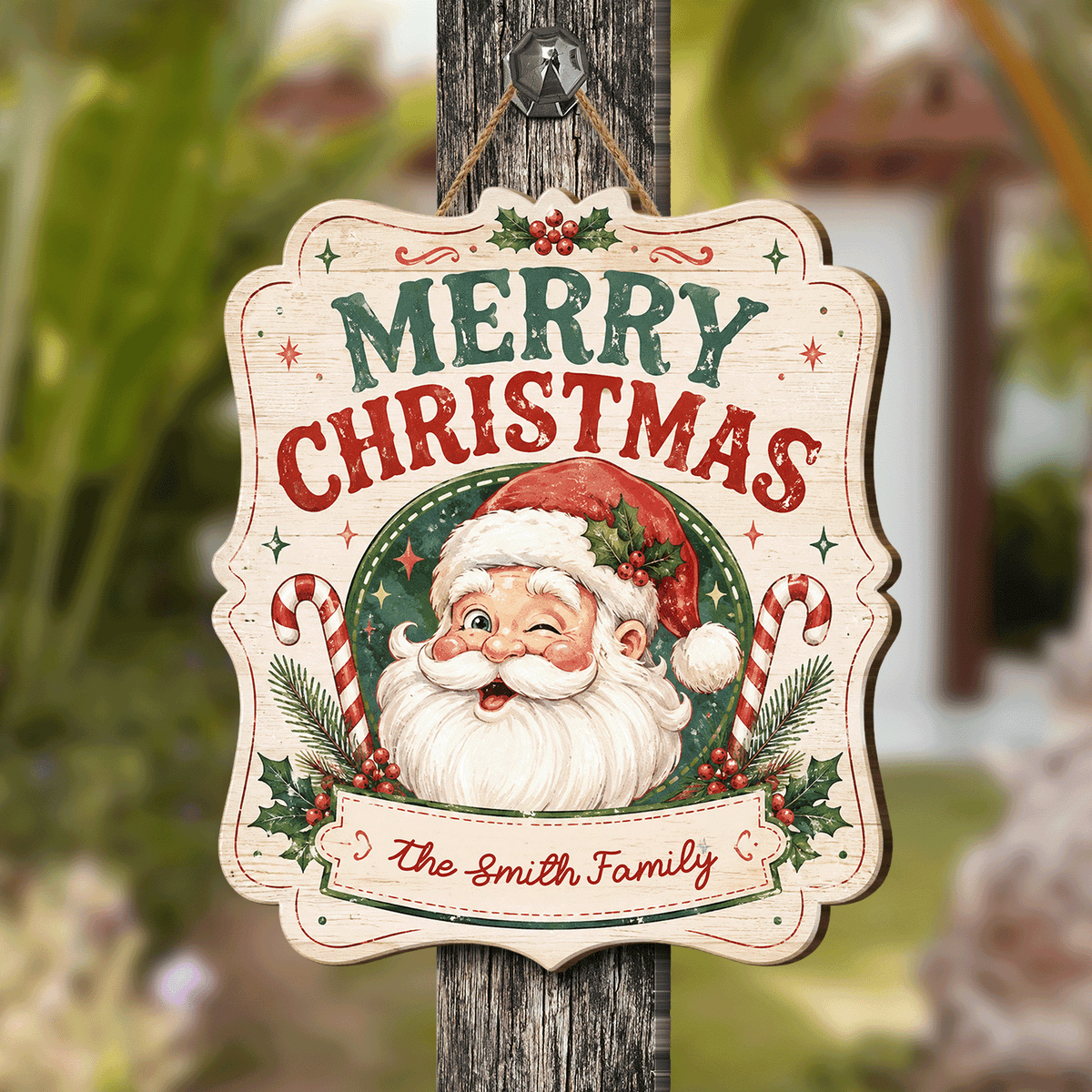 Personalized Vintage Winking Santa Merry Christmas Custom Shape Wood Sign, Custom Family Name Candy Cane Wooden Hanging Plaque, Classic Holiday Door & Wall Decor Family Gift