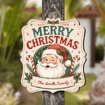 Personalized Vintage Winking Santa Merry Christmas Custom Shape Wood Sign, Custom Family Name Candy Cane Wooden Hanging Plaque, Classic Holiday Door & Wall Decor Family Gift