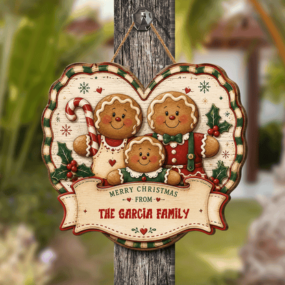 Personalized Gingerbread Family Heart Custom Shape Wood Sign, Custom Family Name Merry Christmas From Hanging Wooden Plaque, Vintage Holiday Door & Wall Decor Family Gift