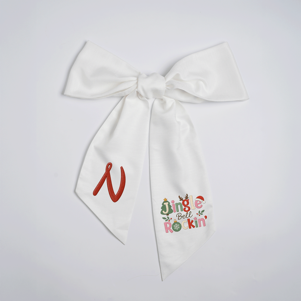 Custom Monogram Jingle Bell Rockin' Embroidered Linen Door Wreath Sash, Personalized Initial Festive Typography Reindeer Santa Hat Holiday Wreath Sash & Front Door Decor
