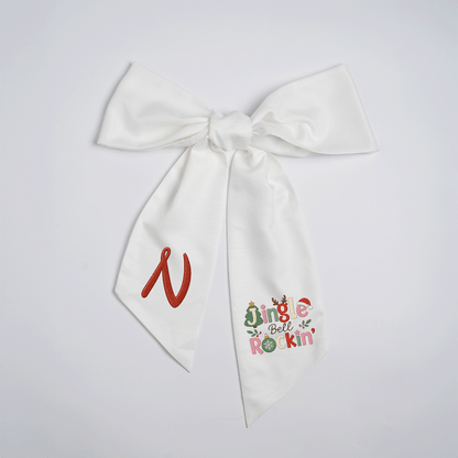 Custom Monogram Jingle Bell Rockin' Embroidered Linen Door Wreath Sash, Personalized Initial Festive Typography Reindeer Santa Hat Holiday Wreath Sash & Front Door Decor