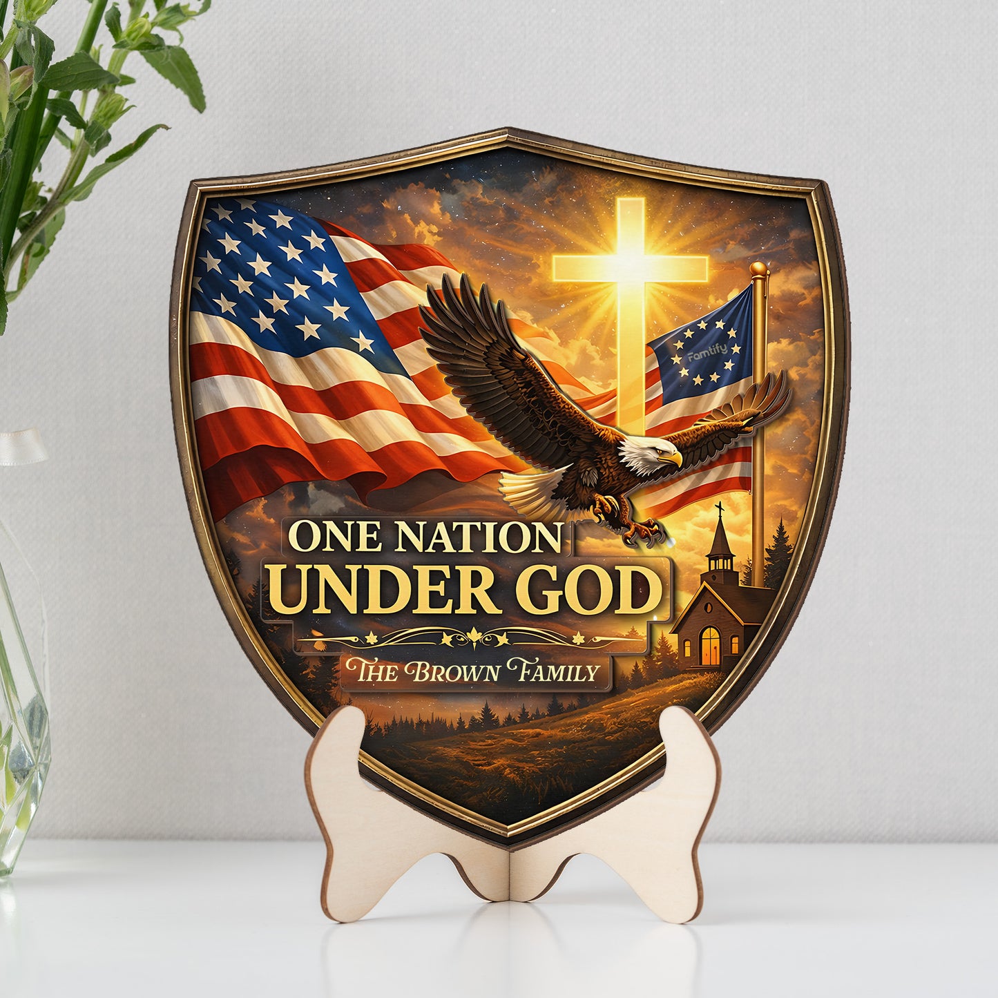 One Nation Under God USA 250th Anniversary Personalized 2-Layer Wood Sign – Custom Family Name Patriotic Door Sign