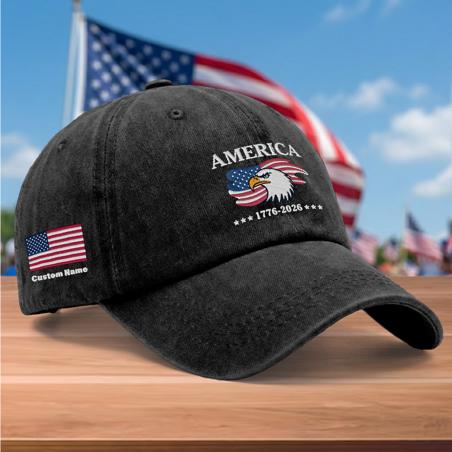 America 250 Years 1776-2026 Eagle Embroidered Washed Denim Baseball Cap – Custom Name Patriotic USA Anniversary Hat