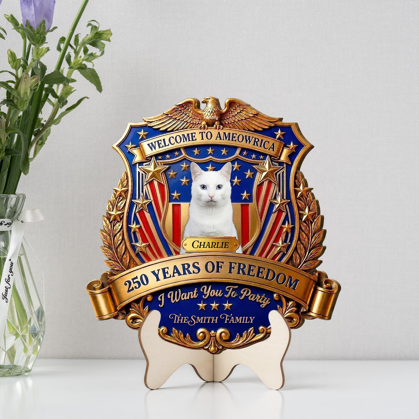 Personalized Cat Patriotic Wood Sign 250 Years Of Freedom USA Pet Name Custom Decor