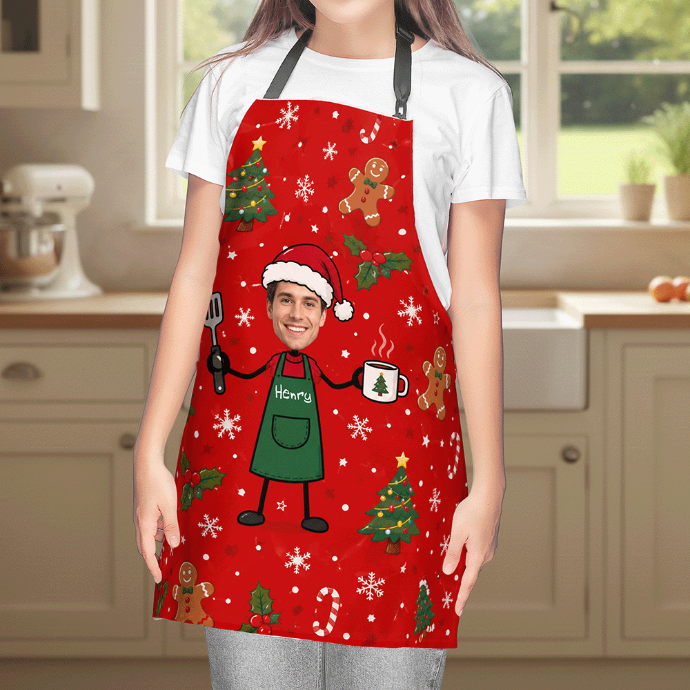 Personalized Christmas Red Pattern Apron with Custom Photo, Custom Name Holiday Kitchen Apron, Festive Christmas Baking Apron, Personalized Gift for Mom, Dad & Family
