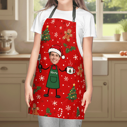 Personalized Christmas Red Pattern Apron with Custom Photo, Custom Name Holiday Kitchen Apron, Festive Christmas Baking Apron, Personalized Gift for Mom, Dad & Family