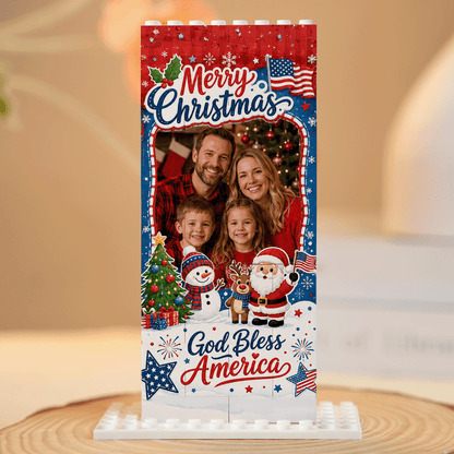 Personalized Photo Christmas Building Block in Navy Blue, Red & White, Custom Family Picture Patriotic God Bless America Santa Brick Puzzle Keepsake Decor, Festive Holiday Desk Gift