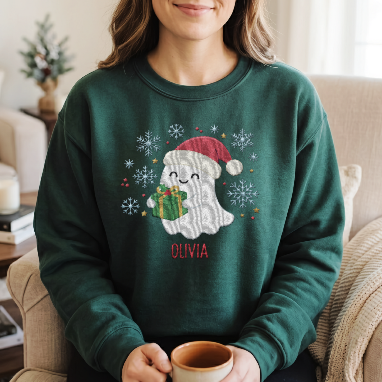 Personalized Cute Christmas Ghost Embroidered Sweatshirt | Custom Name Holiday Crewneck Gift