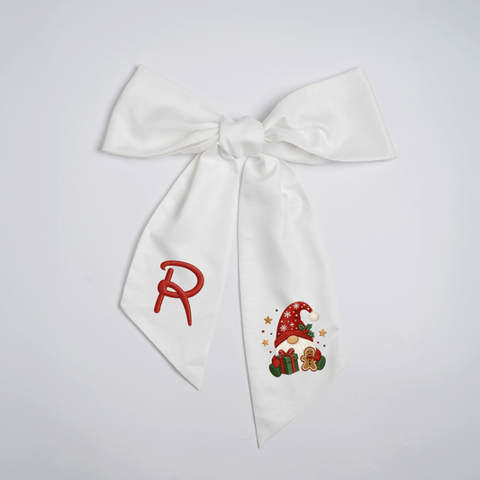 Custom Monogram Christmas Gnome Embroidered Linen Door Wreath Sash, Personalized Initial Gingerbread Gift Gnome Holiday Wreath Sash & Front Door Decor