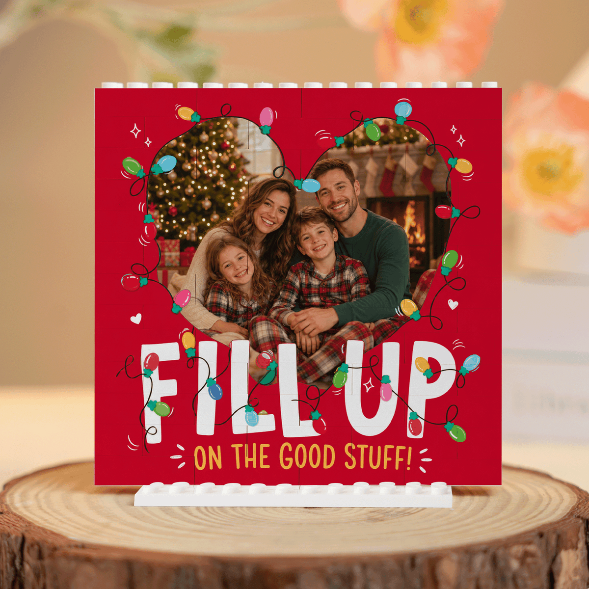 Personalized Photo Christmas Building Block in Festive Red, Custom Family Picture Xmas Fairy Lights "Fill Up On The Good Stuff" Brick Puzzle Keepsake Decor, Holiday Desk Gift