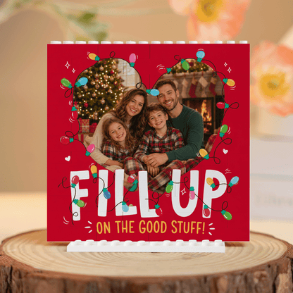 Personalized Photo Christmas Building Block in Festive Red, Custom Family Picture Xmas Fairy Lights "Fill Up On The Good Stuff" Brick Puzzle Keepsake Decor, Holiday Desk Gift