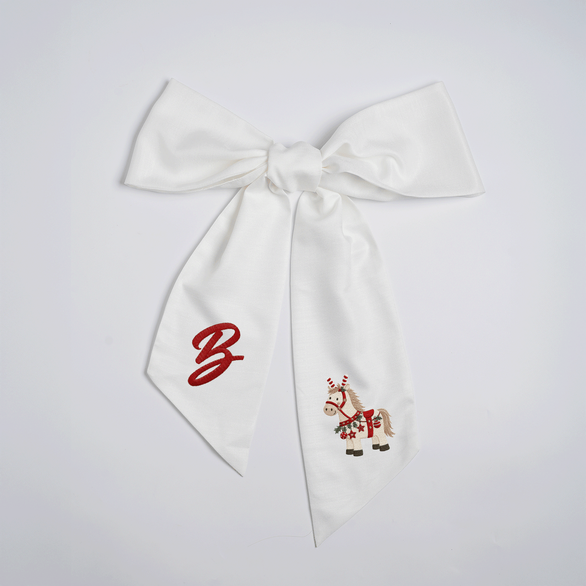 Custom Letter Christmas Rocking Horse Embroidered Linen Wreath Sash, Personalized Monogram Holiday Bow Sash for Door Decor