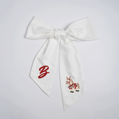 Custom Letter Christmas Rocking Horse Embroidered Linen Wreath Sash, Personalized Monogram Holiday Bow Sash for Door Decor