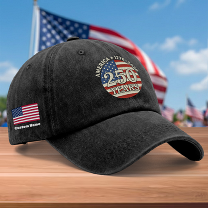 America 250 Years 1776-2026 Embroidered Washed Denim Baseball Cap – Custom Name Patriotic USA Anniversary Hat