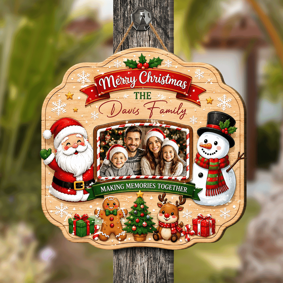 Personalized Merry Christmas Photo Frame Custom Shape Wood Sign, Custom Family Picture Name Santa Snowman Reindeer Wooden Hanging Plaque, Holiday Door & Wall Decor Family Gift