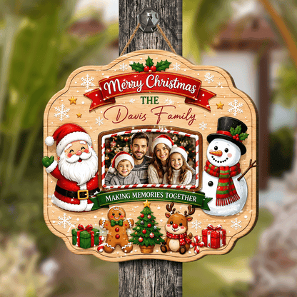 Personalized Merry Christmas Photo Frame Custom Shape Wood Sign, Custom Family Picture Name Santa Snowman Reindeer Wooden Hanging Plaque, Holiday Door & Wall Decor Family Gift