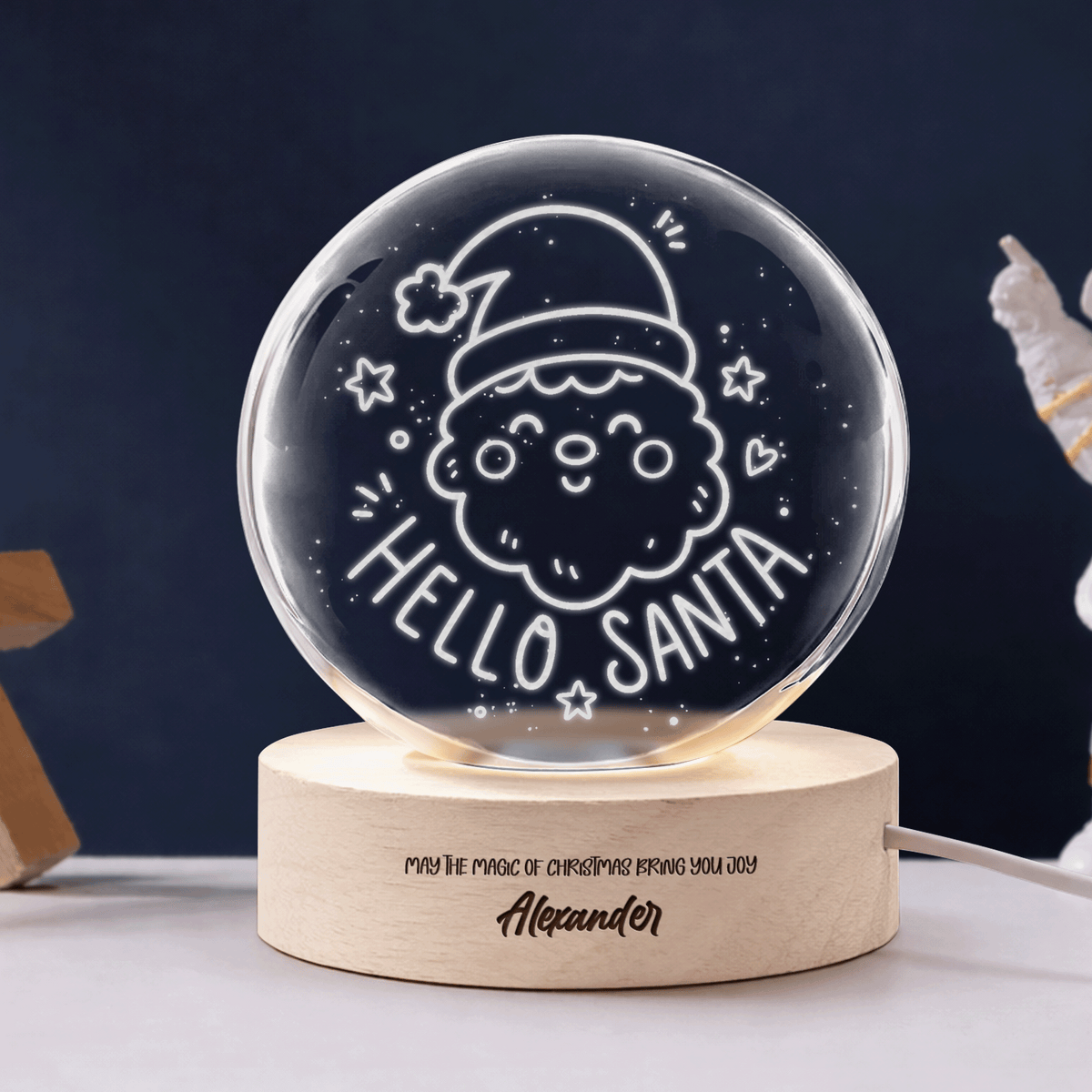 Custom Hello Santa Claus Face 3D Laser Engraved Crystal Ball with LED Wooden Standee, Personalized Name Holiday Night Light Keepsake