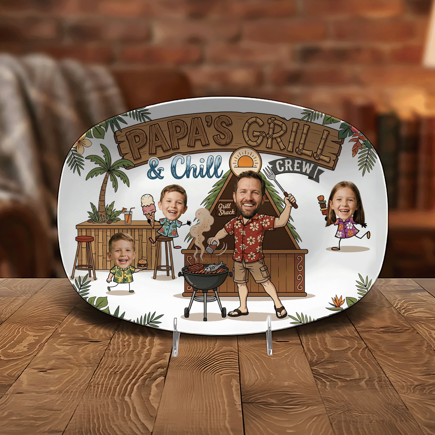 Personalized “Papa’s Grill And Chill Crew” Decorative Plate – BBQ Family Keepsake