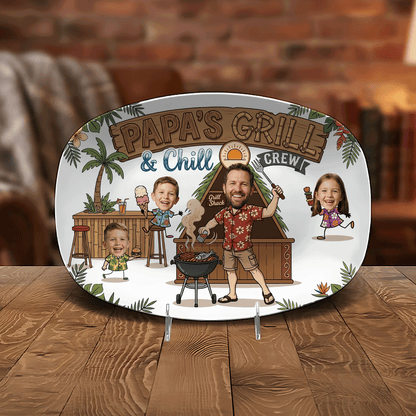Personalized “Papa’s Grill And Chill Crew” Decorative Plate – BBQ Family Keepsake