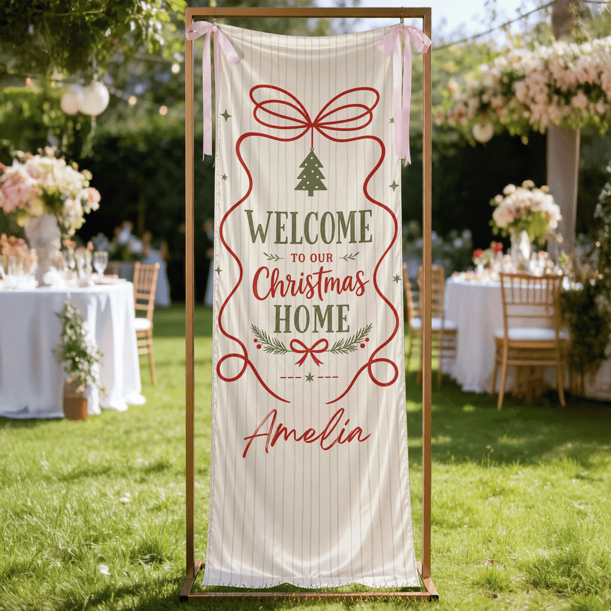 Custom Welcome To Our Christmas Home Fabric Welcome Banner, Personalized Name Holiday Entrance Hanging Sign with Ribbon Ties, Classic Stripe & Bow Party Decor