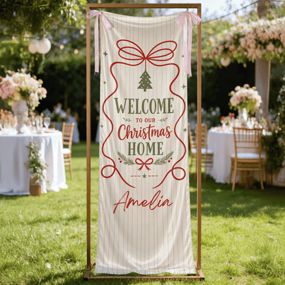 Custom Welcome To Our Christmas Home Fabric Welcome Banner, Personalized Name Holiday Entrance Hanging Sign with Ribbon Ties, Classic Stripe & Bow Party Decor