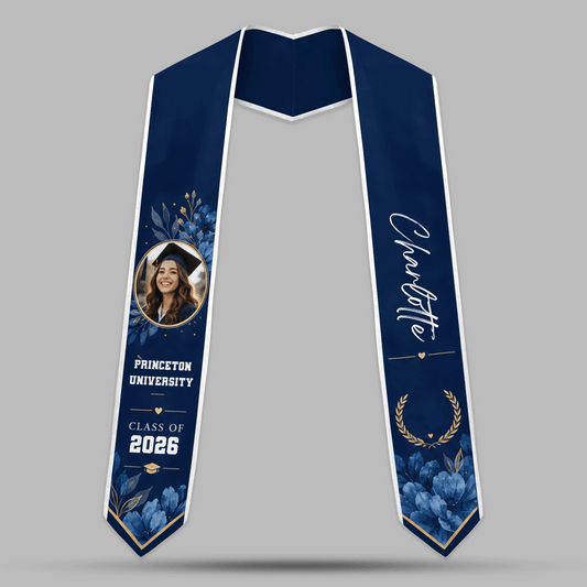 Personalized Blue Floral Graduation Stole - Custom Name