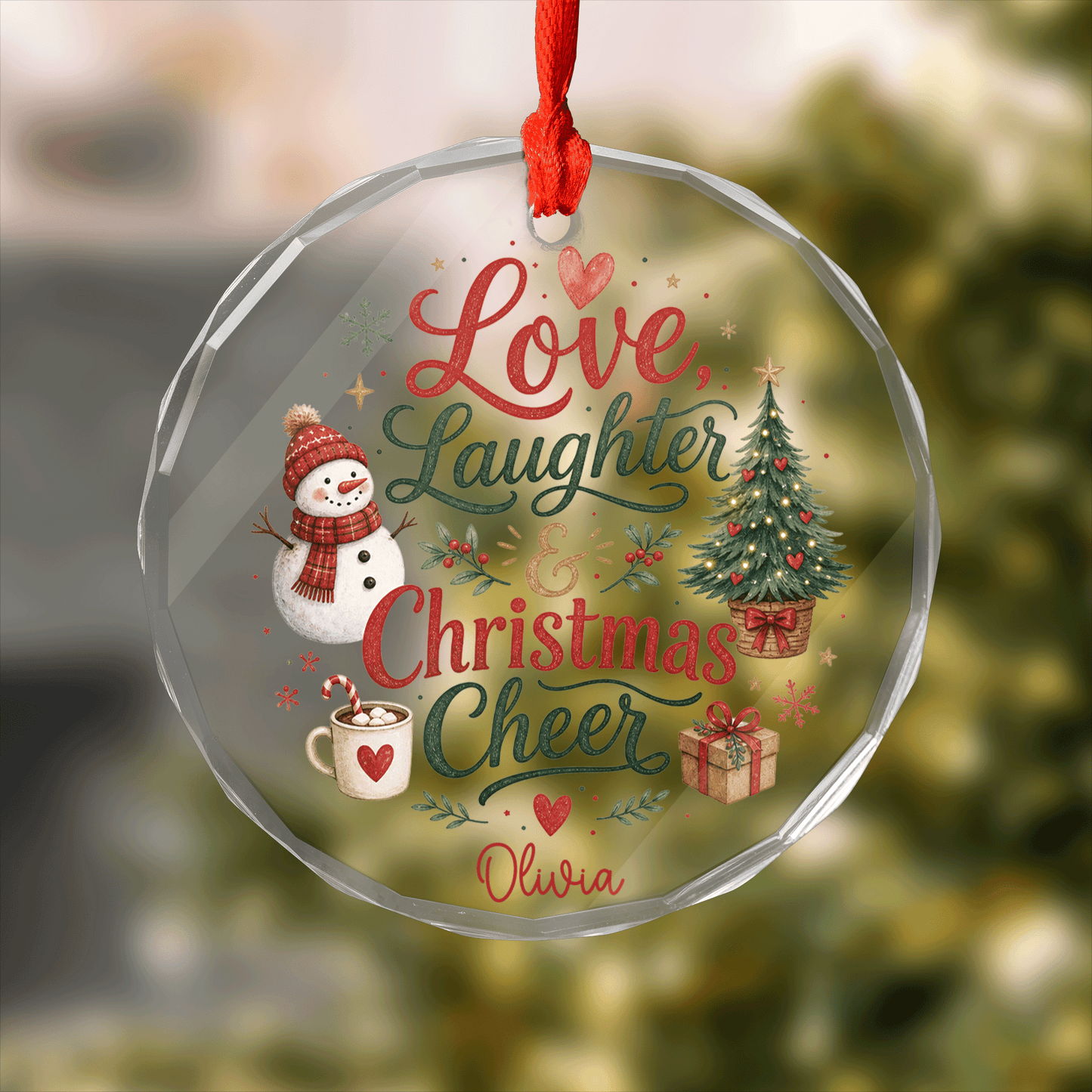 Personalized Love, Laughter and Christmas Cheer Glass Ornament, Custom Name Family Christmas Gift