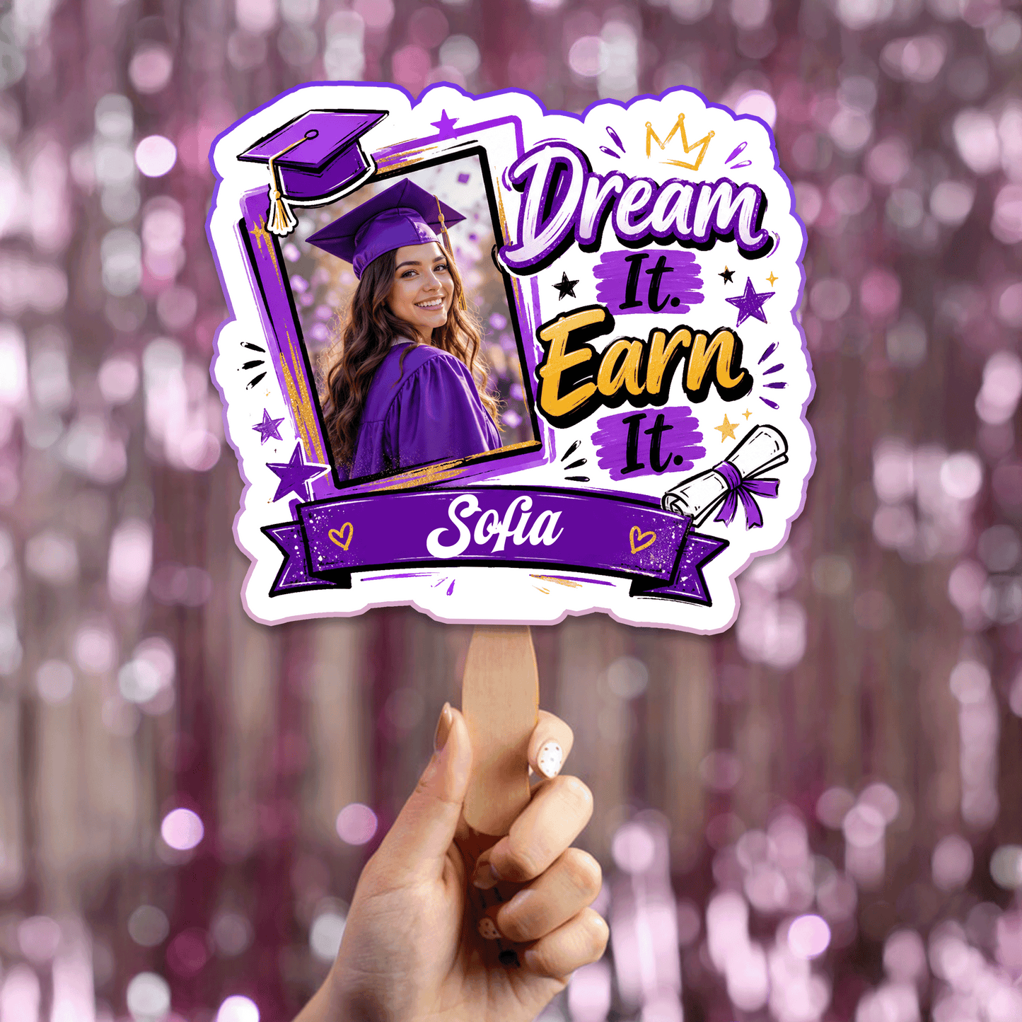 Personalized Dream It Earn It Custom Shape Photo Hand Fan, Graduation Fan with Photo & Name