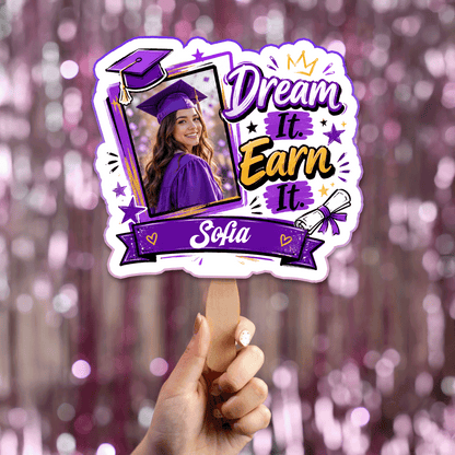 Personalized Dream It Earn It Custom Shape Photo Hand Fan, Graduation Fan with Photo & Name