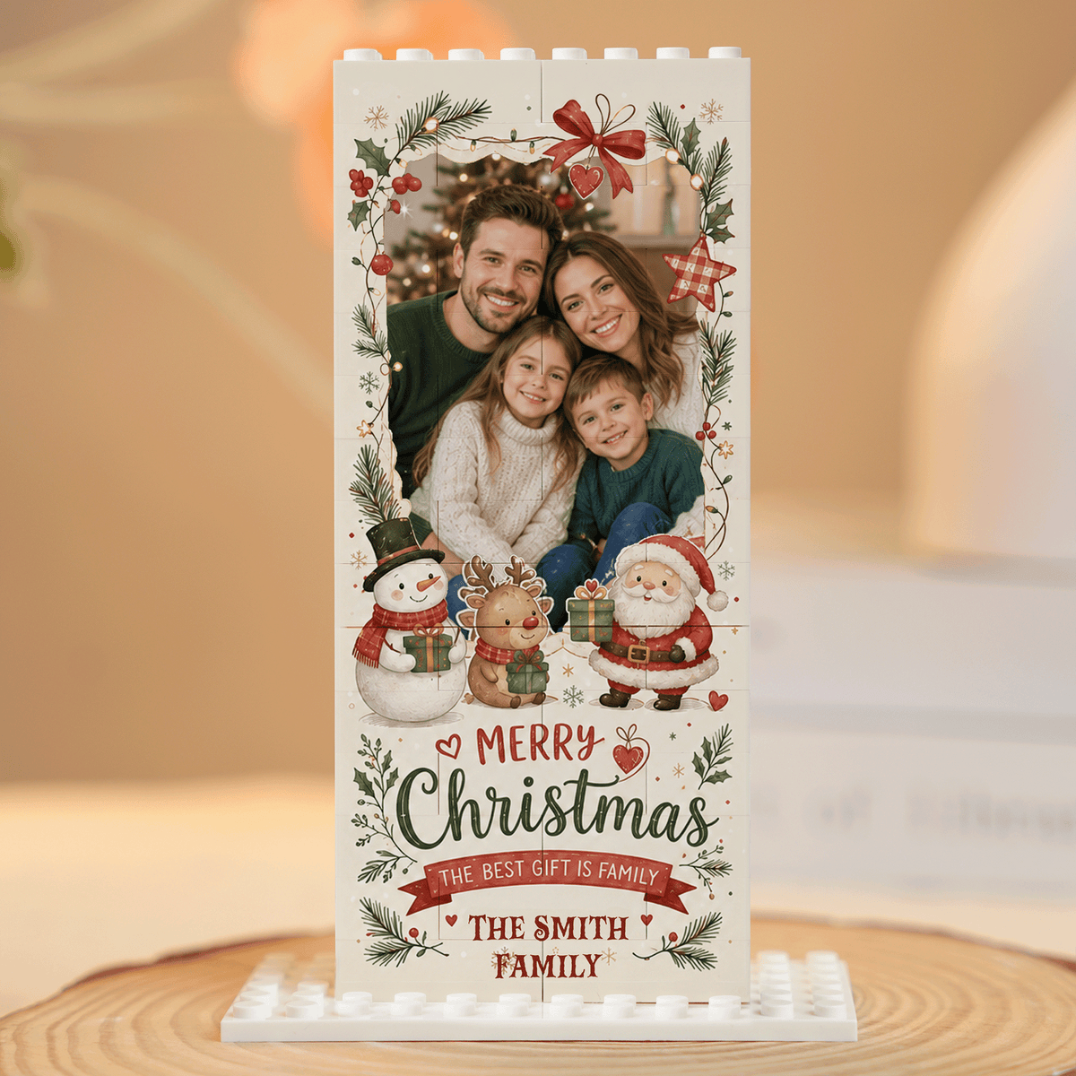Personalized Photo Christmas Building Block in Cream & Red, Custom Family Picture Vintage Wreath Santa Snowman Brick Puzzle Keepsake Decor, Festive Holiday Desk Gift