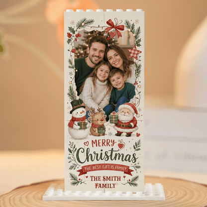 Personalized Photo Christmas Building Block in Cream & Red, Custom Family Picture Vintage Wreath Santa Snowman Brick Puzzle Keepsake Decor, Festive Holiday Desk Gift