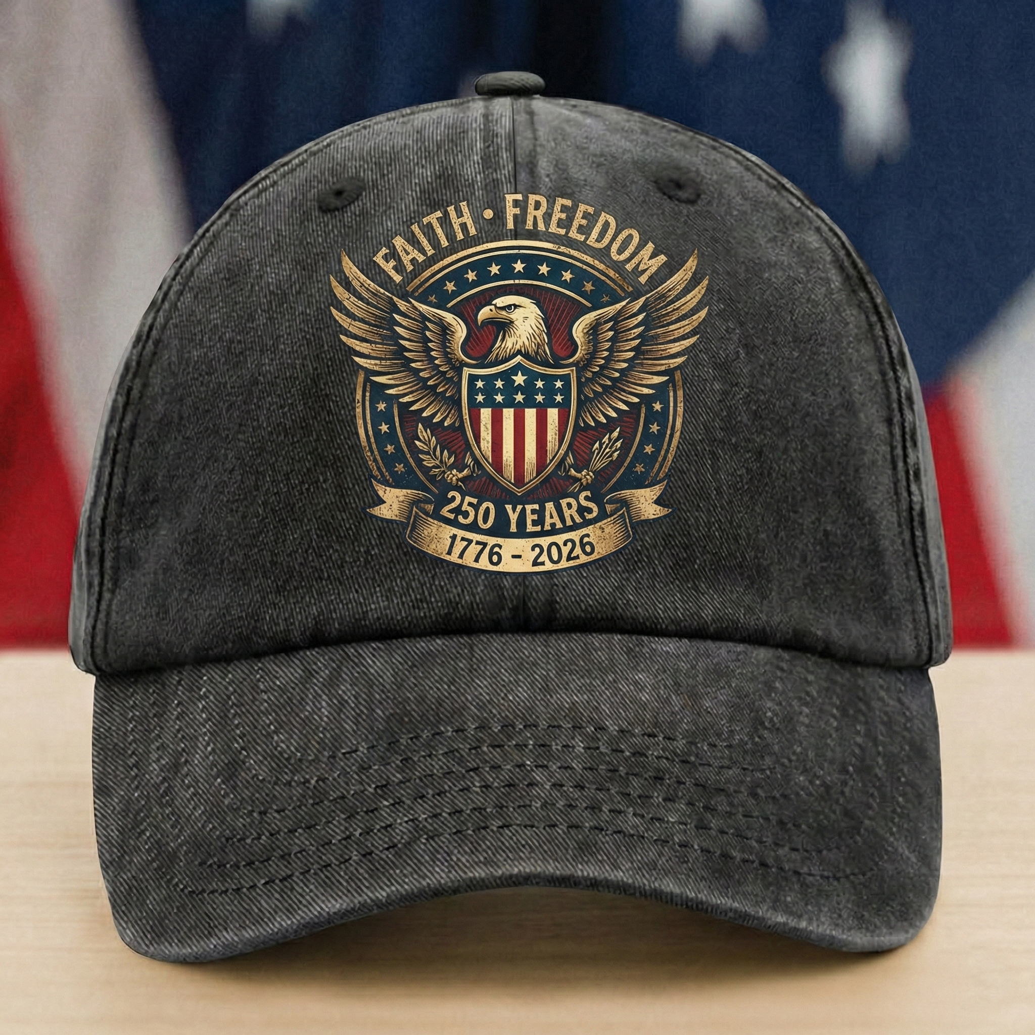250 Years Of Freedom 1776–2026 Eagle Custom Name Washed Denim Baseball Cap