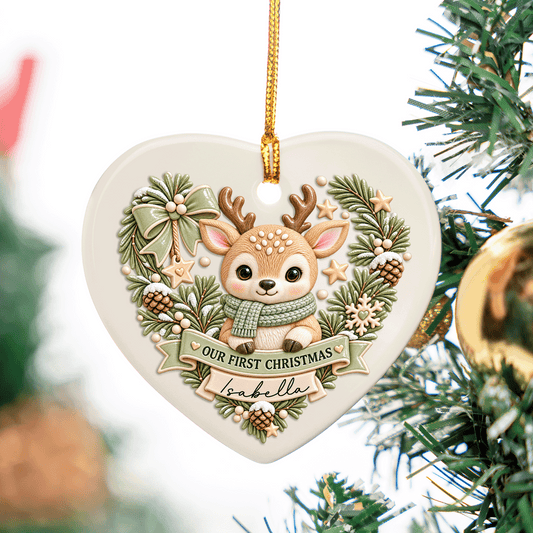 Personalized Baby Reindeer Our First Christmas Ceramic Heart Ornament