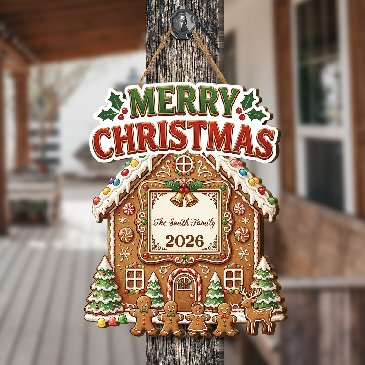 Personalized Gingerbread House Merry Christmas Custom Shape Wood Sign, Custom Family Name Year Gingerbread Family Reindeer Wooden Hanging Plaque, Festive Holiday Door & Wall Decor Family Gift