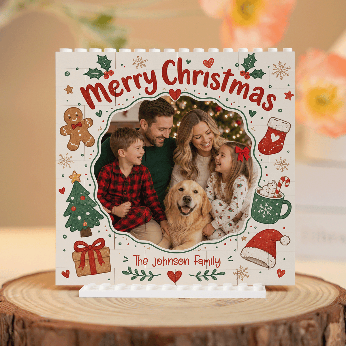Personalized Photo Christmas Building Block in Warm Off-White, Custom Family Picture Vintage Gingerbread & Stocking Brick Puzzle Keepsake Decor, Festive Holiday Desk Gift