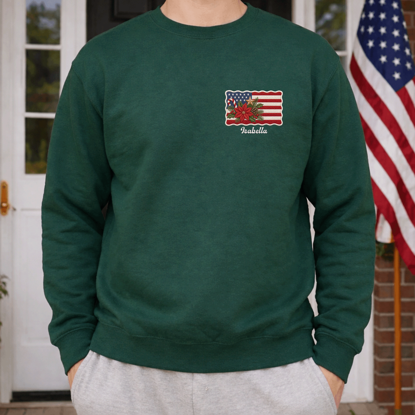 Personalized Christmas American Flag Embroidered Sweatshirt | Custom Name Holiday Crewneck Gift