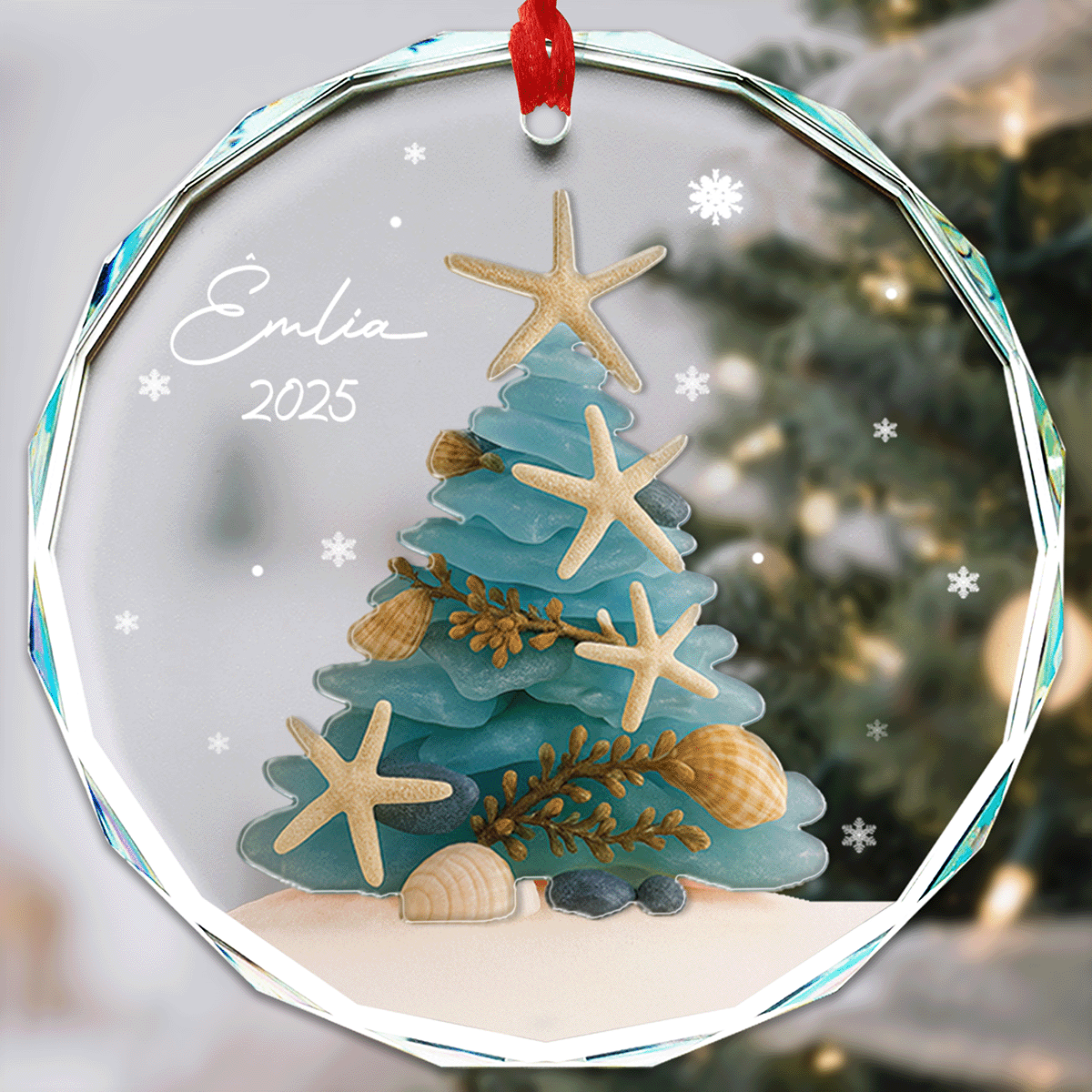 Personalized Christmas Tree Ocean Themed Glass and Acrylic Ornament
