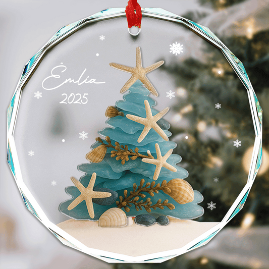 Personalized Christmas Tree Ocean Themed Glass and Acrylic Ornament