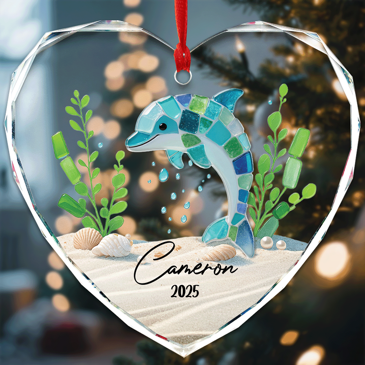 Personalized Dolphin Ocean Themed Glass and Acrylic Ornament