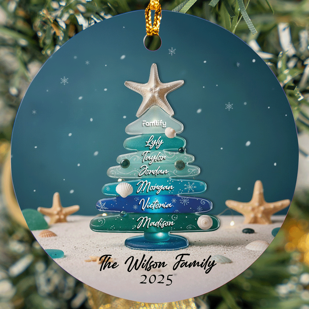 Personalized Family Name Sea Glass Themed Ceramic Acrylic Ornament