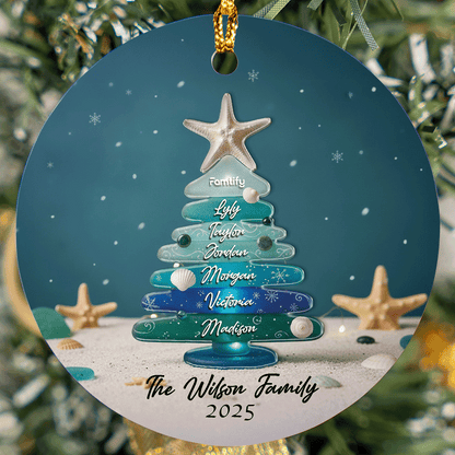 Personalized Family Name Sea Glass Themed Ceramic Acrylic Ornament