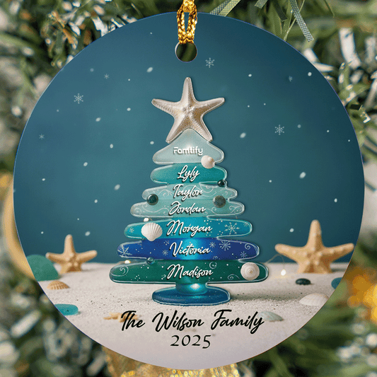 Personalized Family Name Sea Glass Themed Ceramic Acrylic Ornament