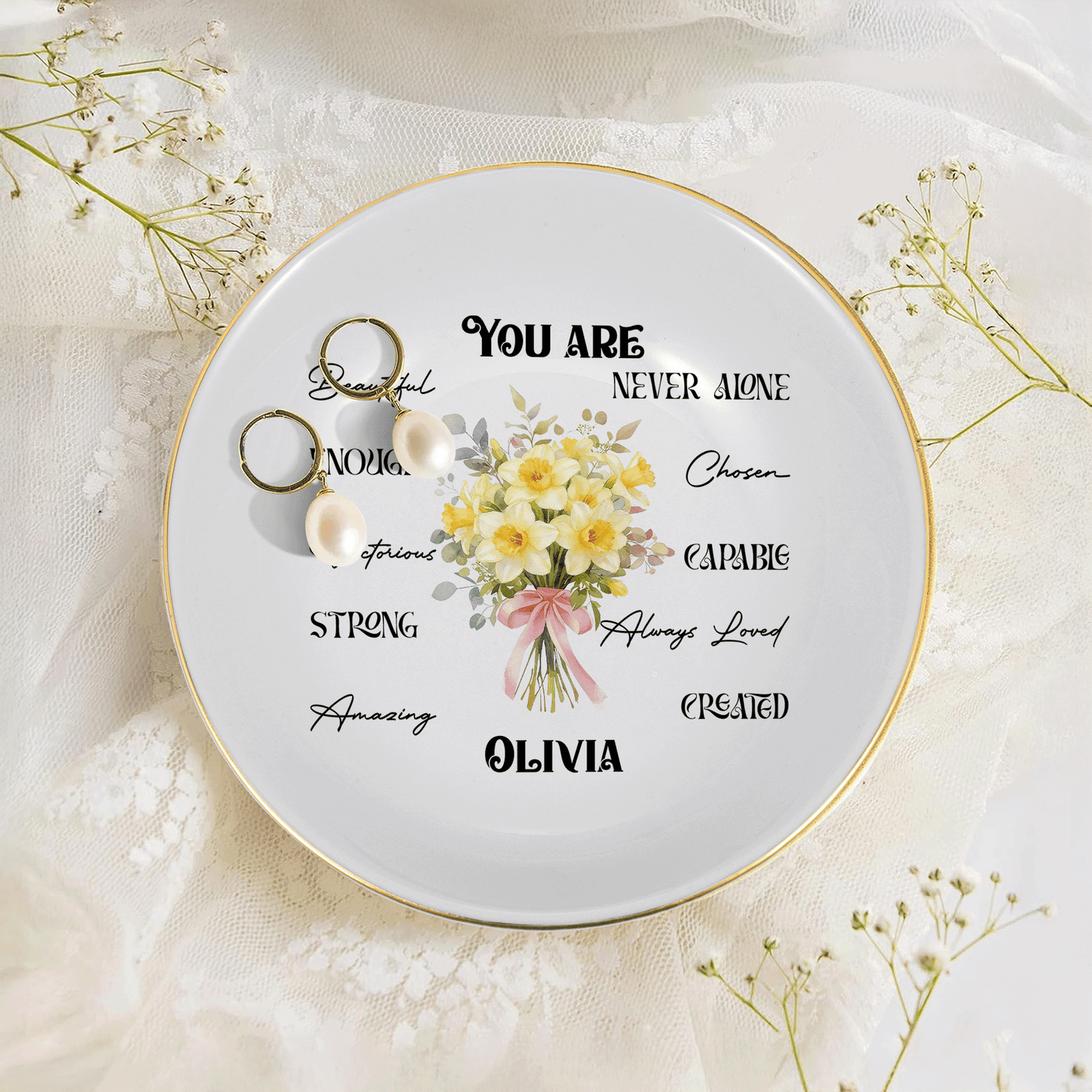 Personalized Bible Verse Ring Dish with Birth Flower – Faith Gift for Mom & Daughter – Christian Jewelry Tray