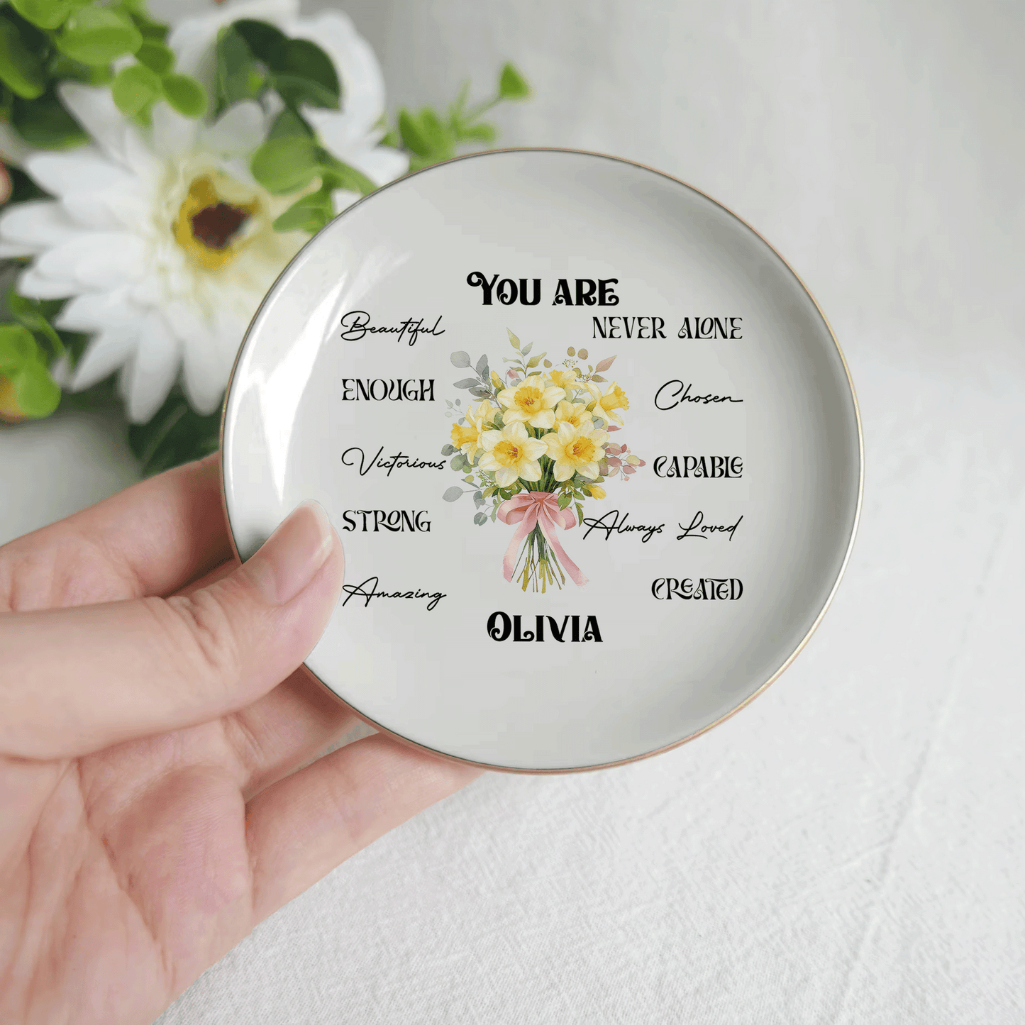 Personalized Bible Verse Ring Dish with Birth Flower – Faith Gift for Mom & Daughter – Christian Jewelry Tray